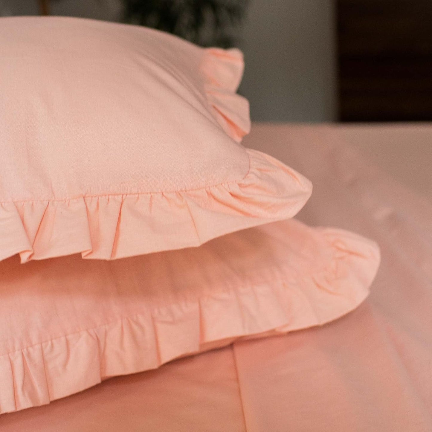 10Club Frill Pillow cover (270 TC, 27” X 17”) | 1 Piece Pillow cover | 100% Cotton | Shrinkage and Fade Resistant | Easy Care| Peach