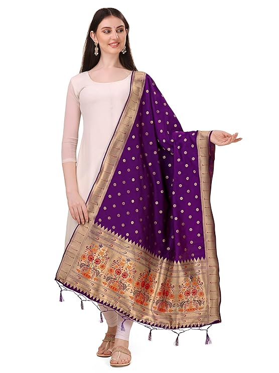 Women's Woven Paithani Banarasi Silk Dupatta/Chunni For Women, Animal Print 1 Meter Wide and 2.3 Meter Length Printed Designer Dupatta/Chunni For Girls