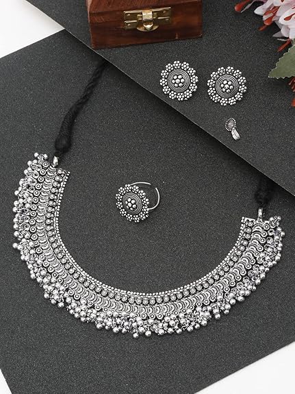 YouBella Jewellery Set for Women Oxidised Silver Tradtional Necklace Jewellery Set with Earrings , Rings and Nose Clip for Girls and Women (YBNK_50346)