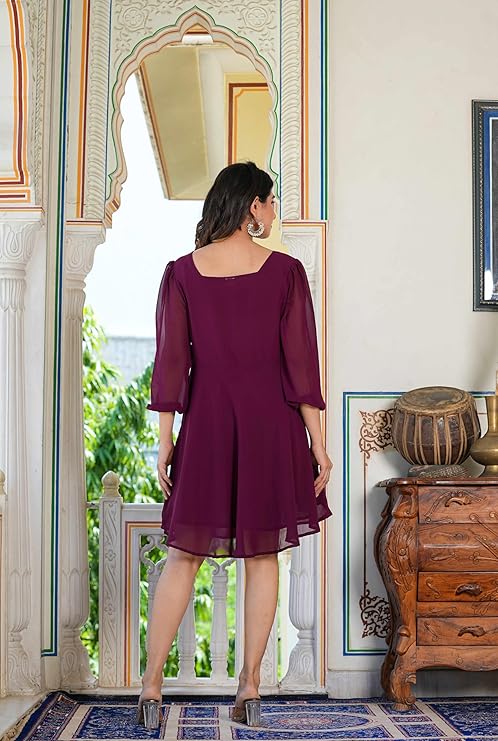 Women's Georgette 3/4 Puff Sleeve Square Neck Midi Dress (Wine)