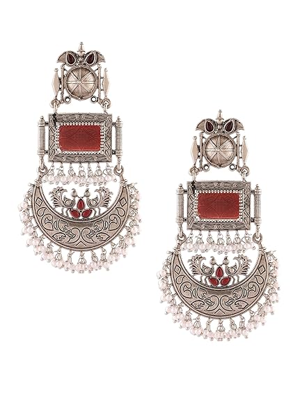 Zaveri Pearls Maroon Silver Oxidised Stones & Beads Traditional Dangle Earring For Women-ZPFK16701