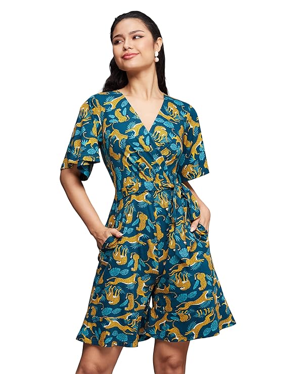 Women's V-Neck Half Sleeve Animal Patterned Wrap Styled Pure Cotton Knee Long Playsuit with Pockets