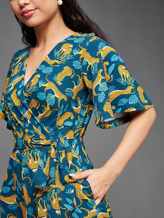 Women's V-Neck Half Sleeve Animal Patterned Wrap Styled Pure Cotton Knee Long Playsuit with Pockets