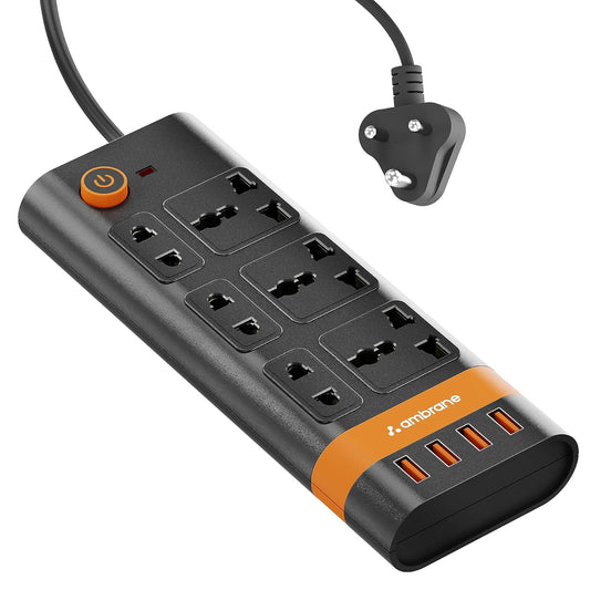 Ambrane Extension Board, 10 Ports with 4 USB Ports + 6 Power Sockets Smart Electric Surge Protector Multi Plug with 2500W, 3Mtr Cord Length, 2.1A USB Output (Smartstrip, Black)