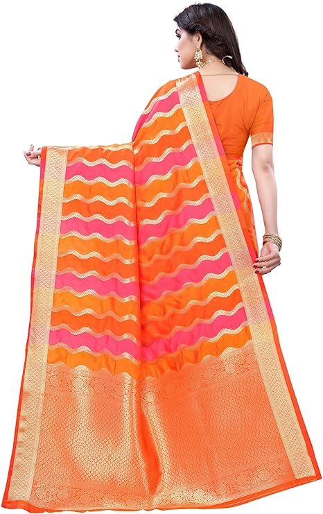 Women's Kanjivaram Banarsi Silk Saree Soft Banarasi Sari With Blouse Piece for women party wear and wedding collection saree latest design For All Indian Occasions and Festivals Colour Pink Orange