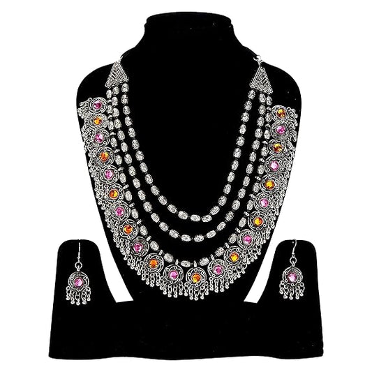 YouBella Fashion Jewellery Set for Women Antique Oxidised Silver Plated Tribal Jewellery Necklace Earring Set for Women & Girls.(Valentine Gift Special). (Multi)