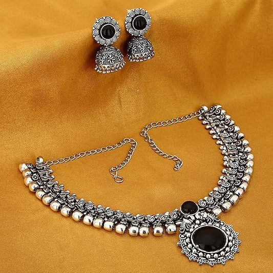 Yellow Chimes Exclusive Antique Design Vintage Oxidised Silver Kolhapuri Stone Choker Necklace Set with Jhumka Earrings for Women and Girls